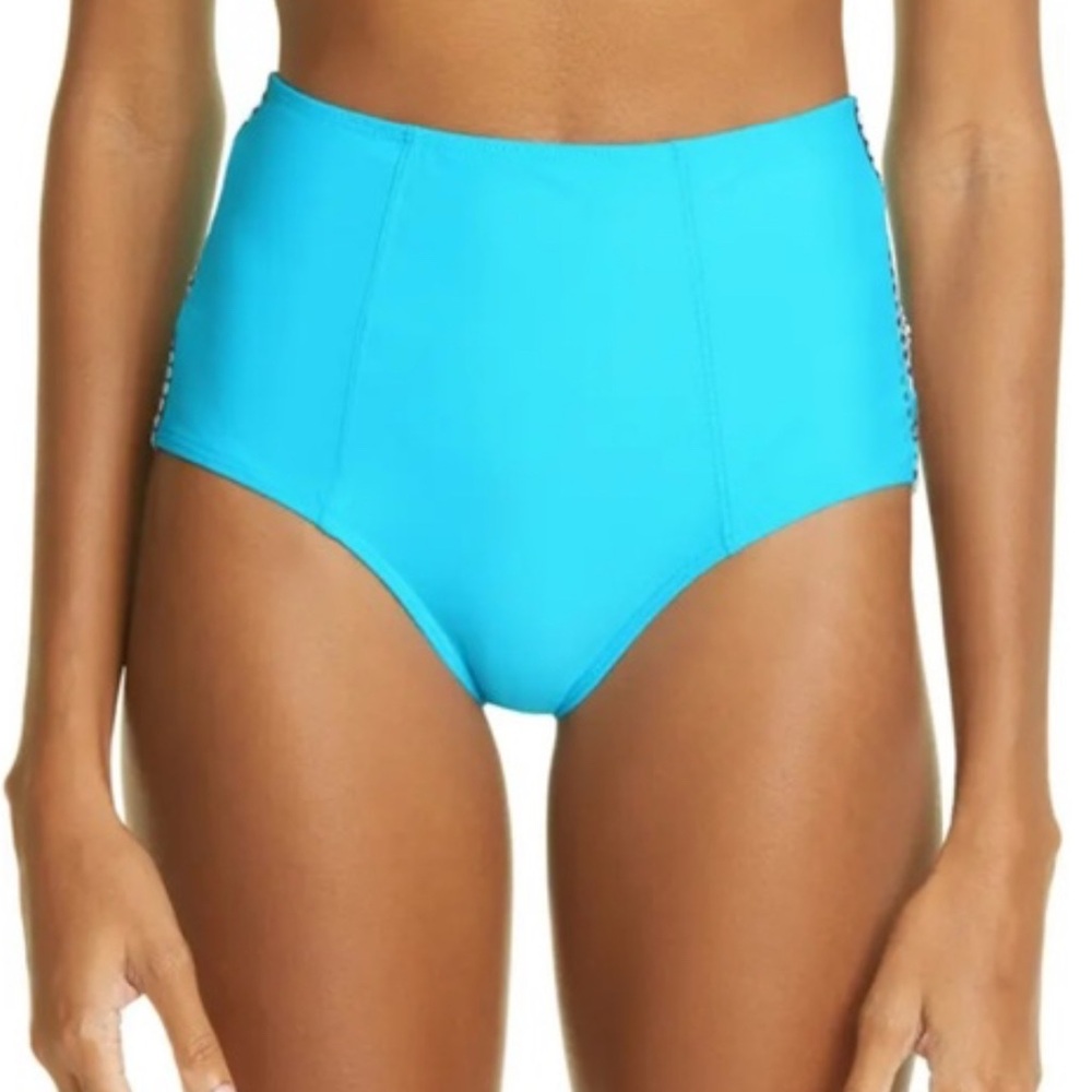 Lemlem Lena High-Waist Bikini Bottom in Turquoise Size L
